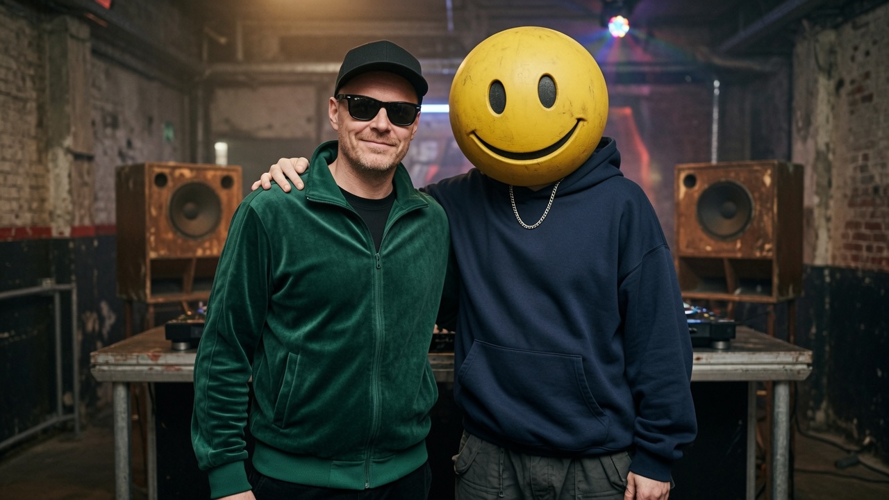 Cy and Grin, GRINLOUD's human and digital duo, in a warehouse DJ setup